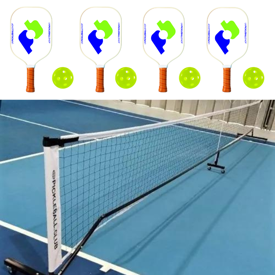 Pack de démarrage complet à roulettes : filet à roulettes, 4 raquettes de club et 4 balles