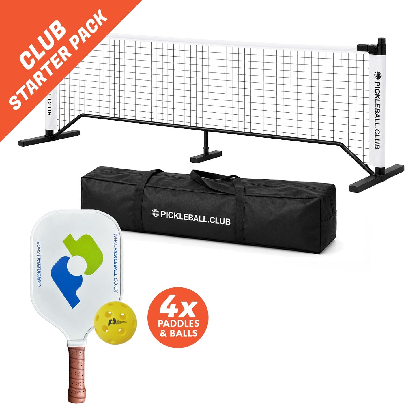 Pack de démarrage complet du club : filet de club, 4 raquettes de club et 4 balles
